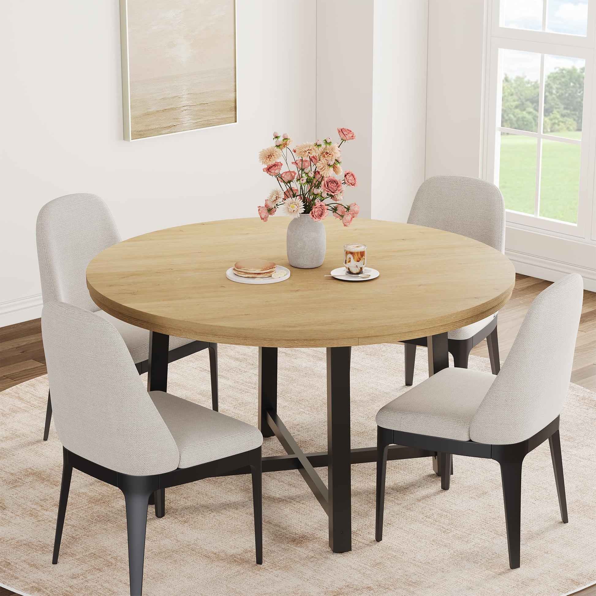 Mesa de comedor redonda Garvee 119 cm roble natural y negra con marco metálico industrial para 4-6 personas