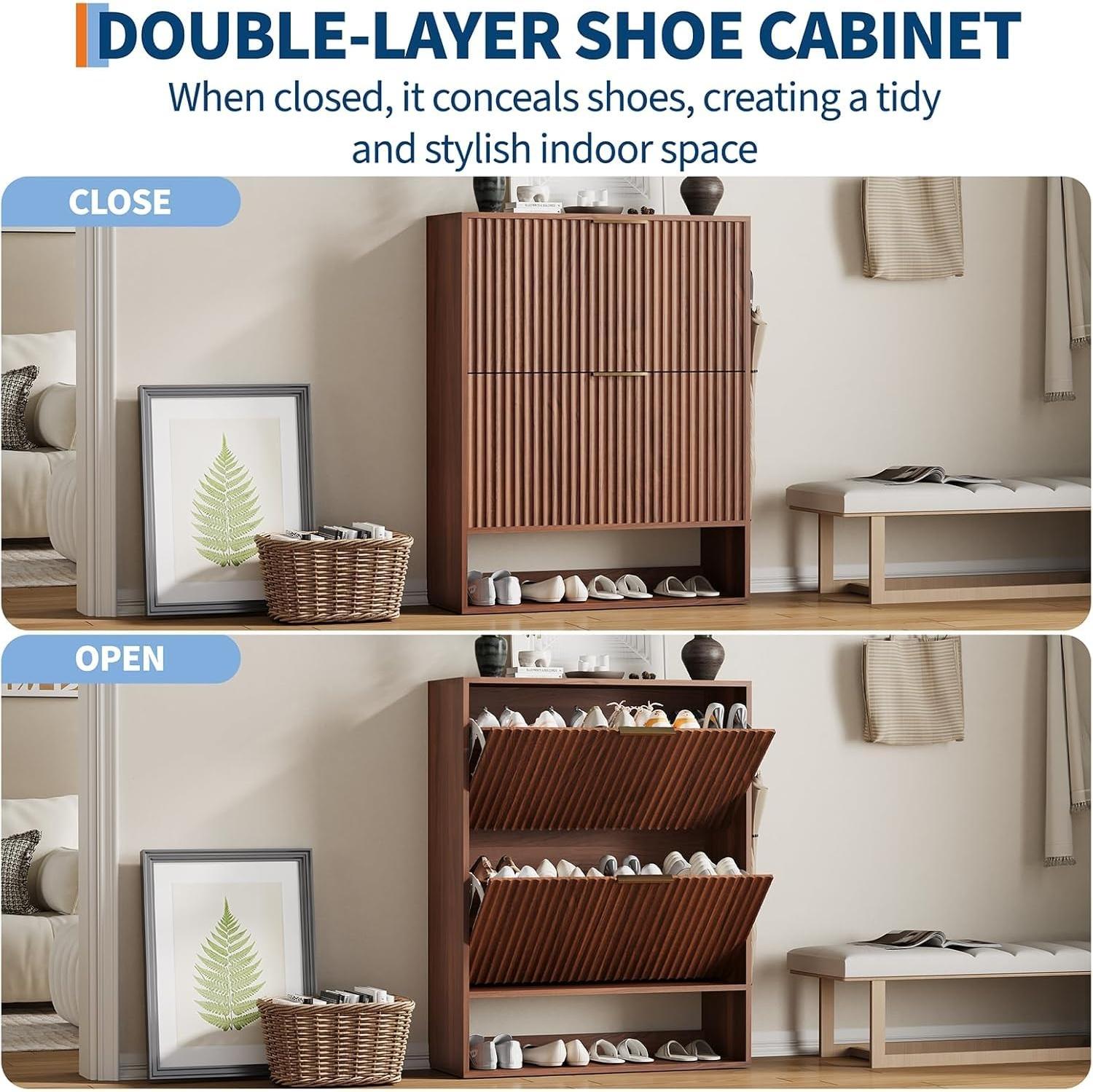 Zapatero de MDF Garvee color nogal de perfil estrecho para pasillos y apartamentos